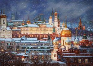 Живопись, Городской пейзаж - Магия заснеженной Москвы
