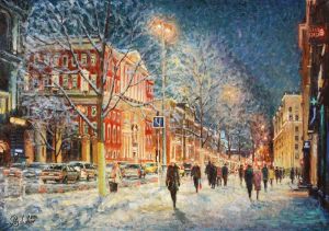 Живопись, Городской пейзаж - Как блещет снег в сиянье фонарей...