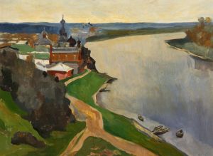 Живопись, Масло - Панорама реки Волхов и Никольского монастыря в Старой Ладоге