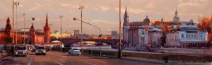 Живопись, Городской пейзаж - Московская лирика. По мосту идёт оранжевый кот. Кремлёвская наб.