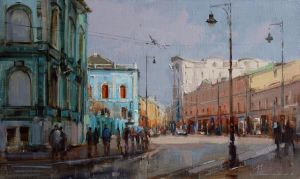 Живопись, Городской пейзаж - Лето, солнце, дождь. Москва, улица Мясницкая.