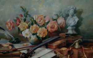 Живопись, Масло - Натюрморт с розами и скрипкой на столе 