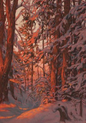 Графика, Реализм - Закат в зимнем лесу