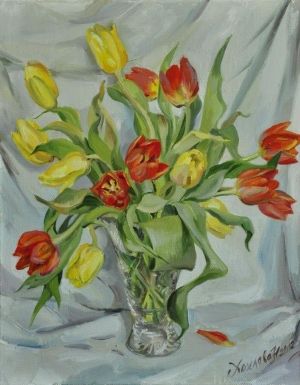 Живопись, Натюрморт - Тюльпаны в хрустальной вазе