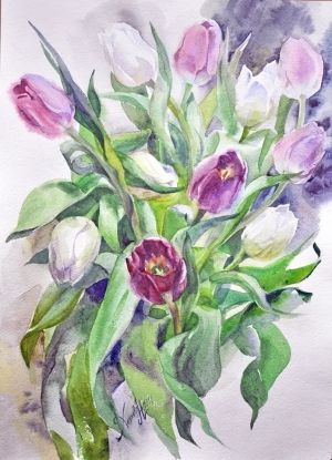 Графика, Акварель - Фиолетовые тюльпаны. 40х30, акварель.