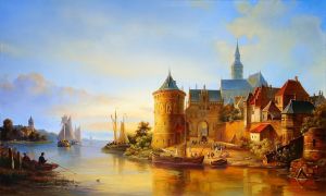 Живопись, Морской пейзаж - Город у реки
