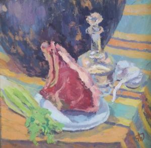 Живопись, Натюрморт - « Мясо с графином на фоне старинной амфоры» 