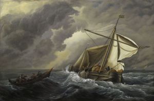 Живопись, Морской пейзаж - Голландское судно в сильный ветер, Виллем ван де Велде Младший, 1670г