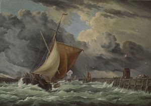 Живопись, Морской пейзаж - «Гавань Кале, вид старого пирса и форта Роже с входящим шлюпом.» 
