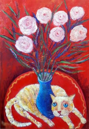 Живопись, Натюрморт - Кошка и цветы