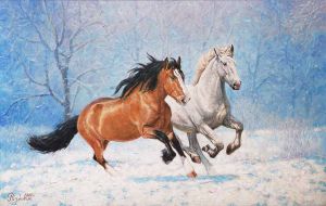 Живопись, Анималистика - Лошади быстро несутся по первому снегу...