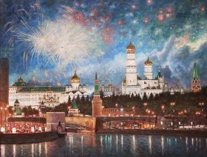Живопись, Городской пейзаж - Гремит салют над праздничной Москвой