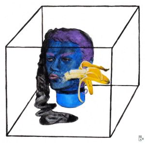 Живопись, Ню (обнаженная натура) - Женщина №4 или синяя женская голова в чулке с летящим в нее бананом