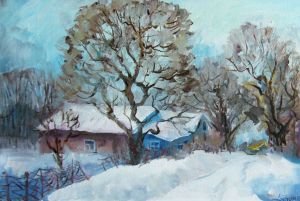 Живопись, Пейзаж - Зима в деревне 