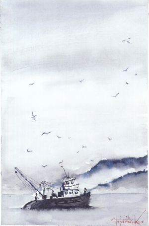 Графика, Морской пейзаж - Рыбацкое судно