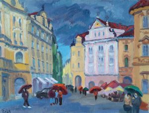 Живопись, Городской пейзаж - Парад зонтиков на Староместной пл. Прага.