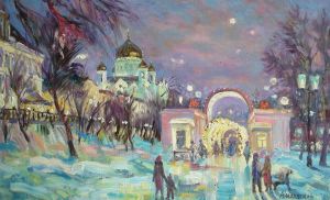 Живопись, Городской пейзаж - Зима на Кропоткинской