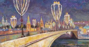 Живопись, Городской пейзаж - Большой Москворецкий мост в новогодние каникулы 