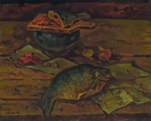 Живопись, Соцреализм - Натюрморт с горшком и рыбой